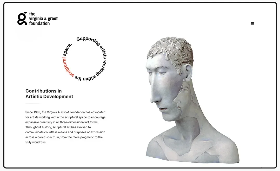 A 3D sculpture of a persons head by "Contributions in artistic development" section of web design.