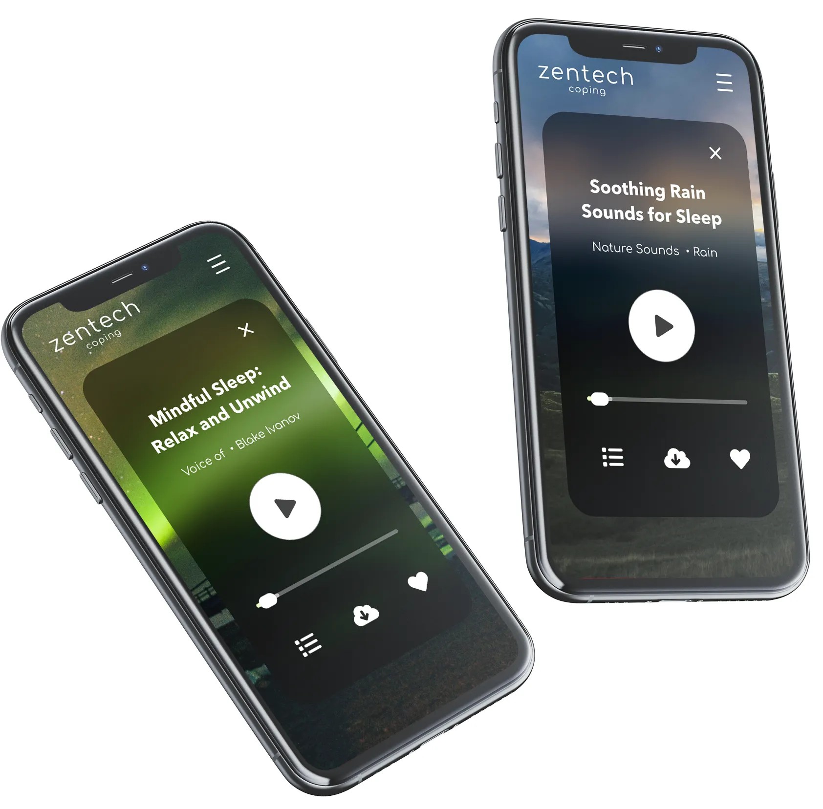 Two mobile UI screen featuring an audio player for calming music.
