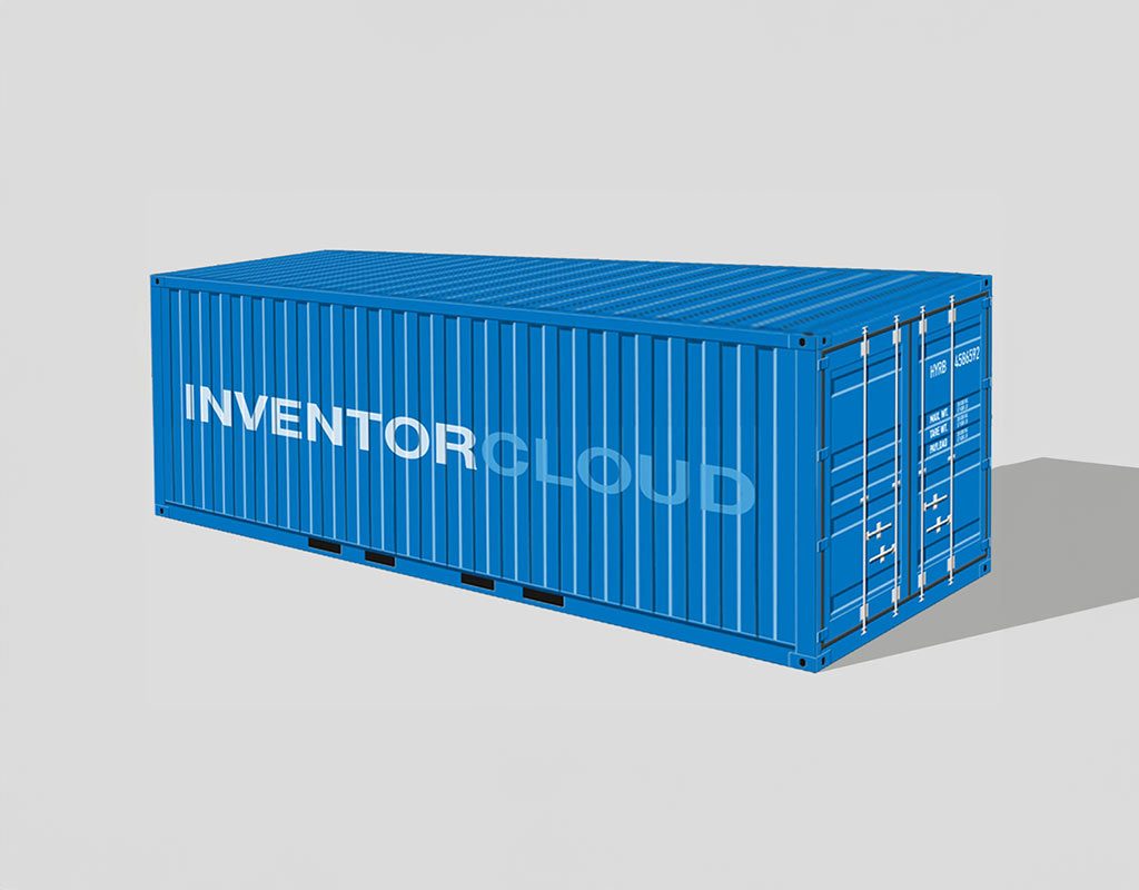 Shipping container mockup with InventorCloud client logo.